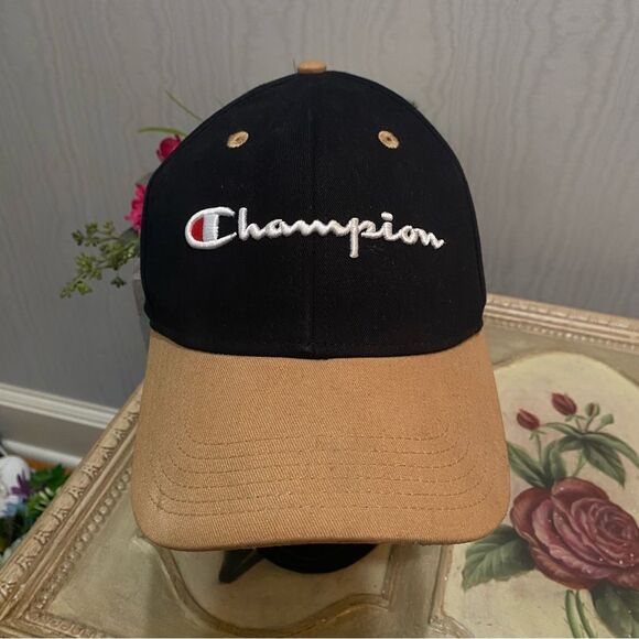 Champion Cotton Embroidered Athletic Cap Black Tan Faux Leather Strap Back - Picture 1 of 12
